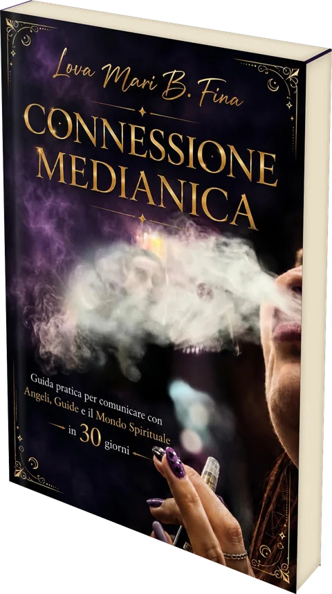 Il libro Connessione Medianica, di tre quarti, con il dorso e il taglio delle pagine